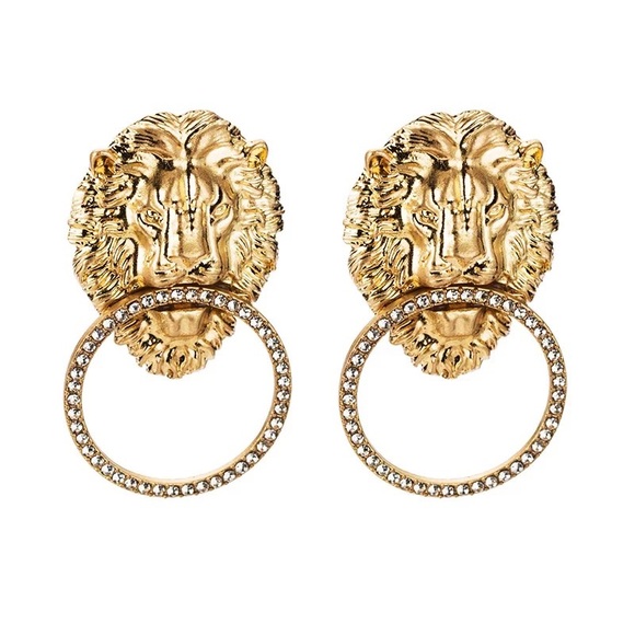 Lion Head Rhinestone Door Knocker Earrings - Picture 5 of 8
